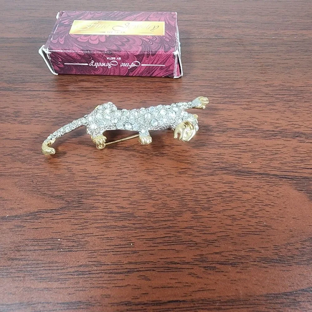 Vintage Gold Tone Clear Rhinestone Leopard Brooch